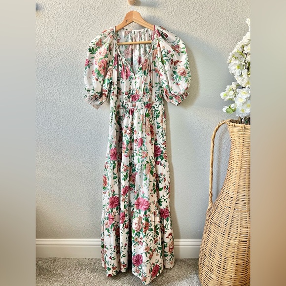 Anthropologie Dresses & Skirts - Anthropologie Somerset Puff Sleeve Dress Size XS Pink Rose Floral Maxi Tiered